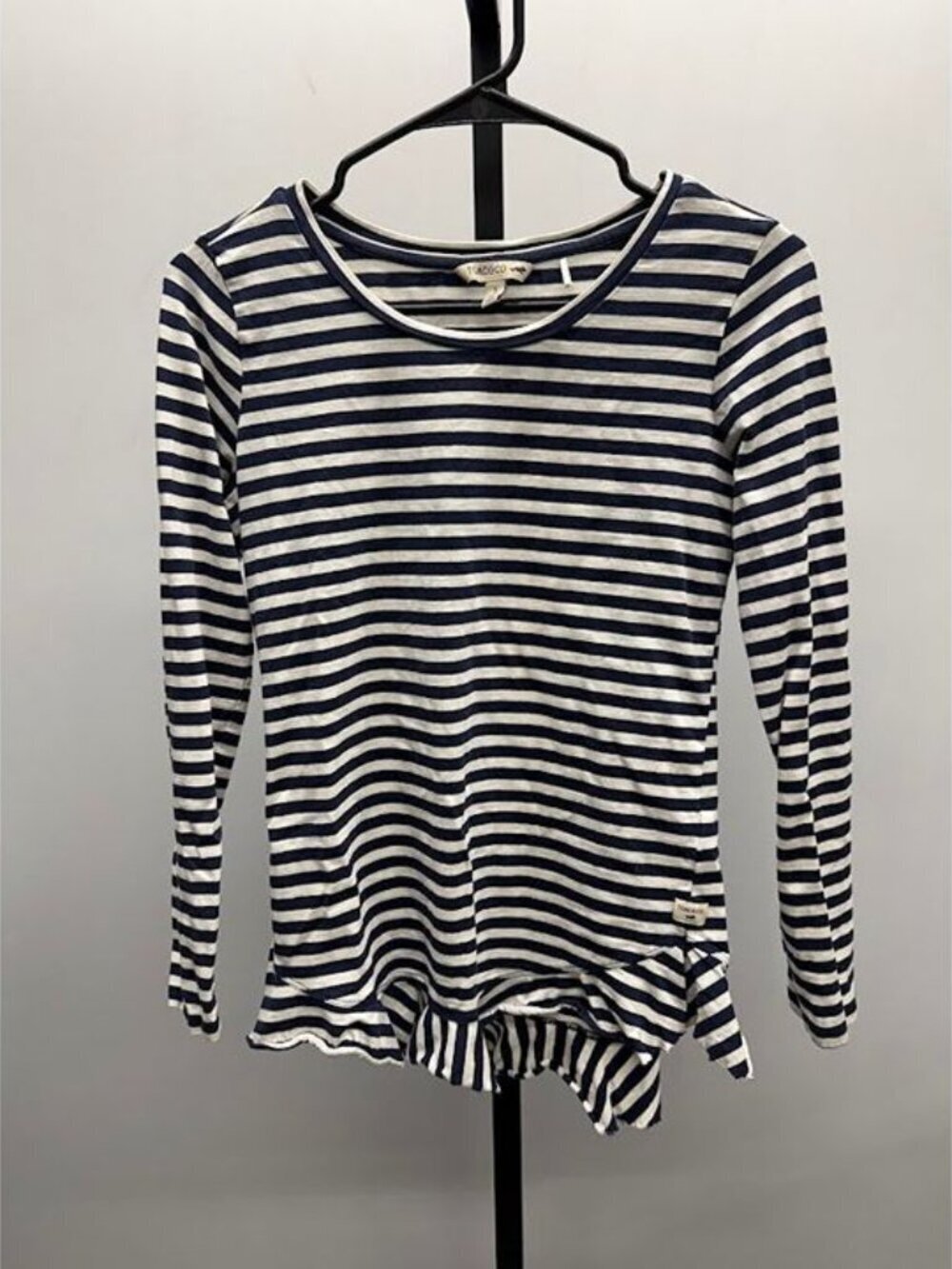 Toad & Co Navy Blue and White Striped Long Sleeve Ruffle Top
